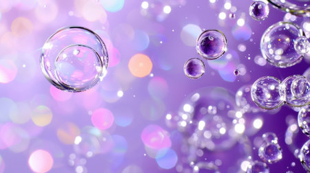 A mesmerizing scene showcasing colorful bubbles floating against a soft purple background, enhanced by light flares and dreamy bokeh effects.の素材