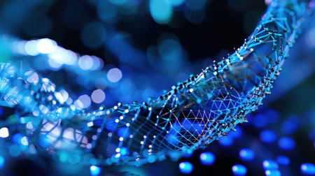 This captivating image features an abstract 3D wireframe structure glistening with blue lights against a blurred bokeh background, ideal for technology themes.の素材