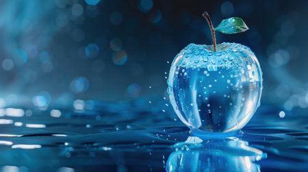 A stunning blue apple surrounded by water droplets sits on a reflective surface, capturing the essence of freshness and purity, evoking a calm atmosphere.の素材