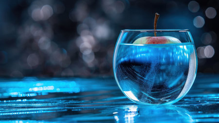 This captivating image features a glass bowl filled with clear water and a single apple floating on the surface. Blue lighting enhances the serene and refreshing atmosphere, perfect for various creative projects.の素材