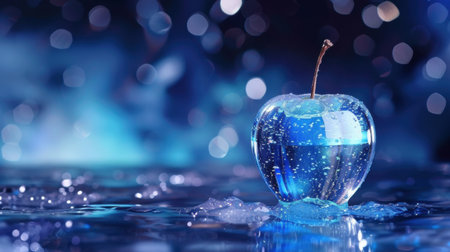 A stunning blue apple surrounded by water, showcasing bubbles and a dreamy bokeh background. Ideal for fantasy-themed designs and artistic projects.の素材