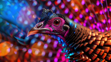 This stunning image features a peacock depicted with vibrant colors and intricate feather details, set against an abstract background, showcasing nature's artistry.の素材