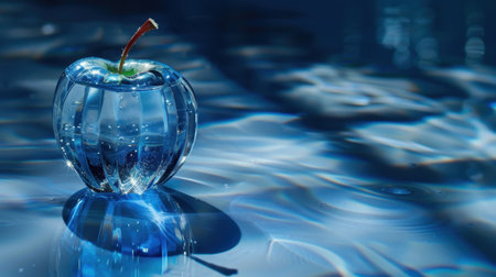 A captivating blue apple floats gracefully on the surface of clear water, surrounded by shimmering reflections and soft bubbles, perfect for artistic expressions.の素材