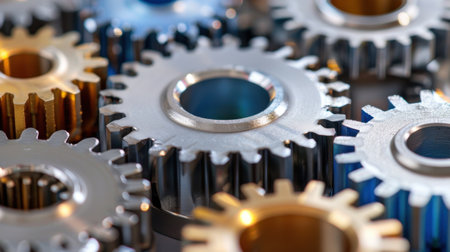 A detailed close-up image showcasing various metallic gears and cogs, featuring an array of colors and finishes that highlight industrial technology.の素材
