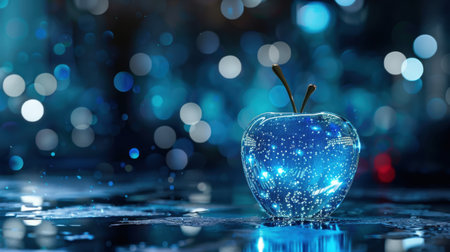 A mesmerizing blue apple with sparkling details set against a blurred, luminous background. Perfect for creative and artistic themes, this image captures an enchanting essence filled with magic and wonder.の素材