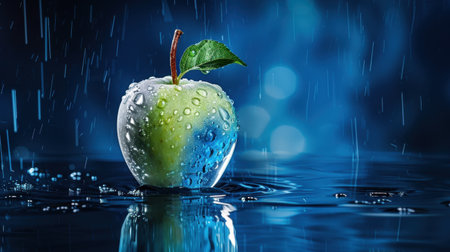 A vibrant green apple sits on a reflective water surface, adorned with sparkling raindrops. The dramatic blue background enhances its freshness and appeal.の素材