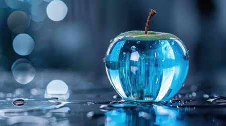 A stunning visual of a green apple encased in water, showcasing intricate reflections and a soft bokeh background. Perfect for artistic and fresh themes.の素材