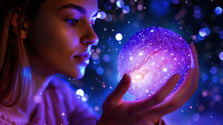 A captivating portrait of a young woman holding a luminous crystal ball filled with stars, surrounded by a dreamy atmosphere of colors and sparkles.の素材