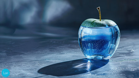 This captivating image features a green apple immersed in clear blue liquid, showcasing elegant reflections and soft shadows on a textured surface, perfect for artistic projects.の素材
