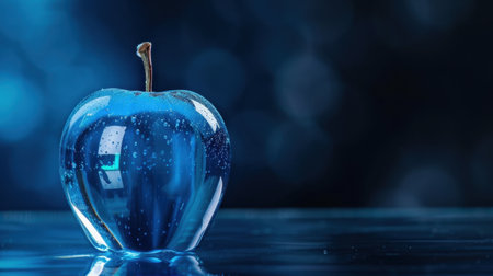 This captivating image features a blue apple with bubbles resting on a glossy surface, set against a dark background, ideal for artistic projects.の素材
