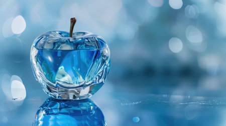 A stunning close-up of a crystal apple filled with bright blue liquid, set against a dreamy background with soft bokeh. Perfect for artistic and creative themes.の素材