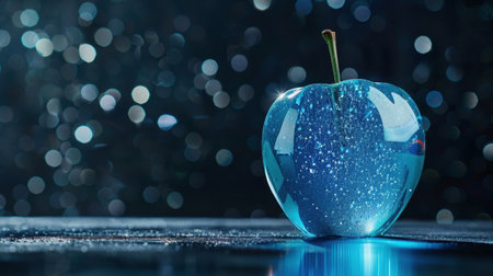 A captivating blue apple with a glittery texture stands prominently against a soft bokeh background, evoking a sense of enchantment and creativity.の素材