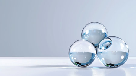 This image features three clear glass spheres filled with water, beautifully reflecting light and creating stunning transparency effects on a minimalistic background.の素材