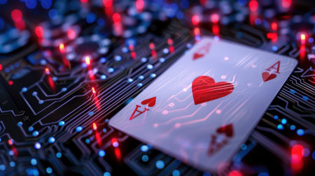 This image features a sleek playing card with a heart symbol set against a luminous circuit board background, showcasing the intersection of technology and gaming.の素材