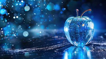 This captivating image features a glittery blue apple resting on a dark surface, surrounded by sparkling lights, creating a dreamy and mystical atmosphere.の素材