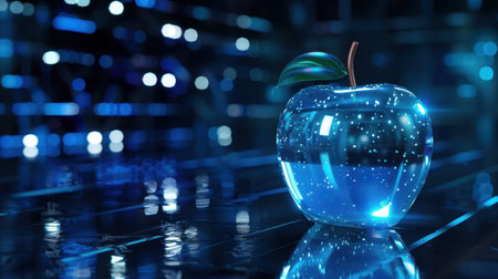 A striking blue apple rests on a reflective surface, surrounded by shimmering lights and a digital backdrop, creating a captivating futuristic scene.の素材