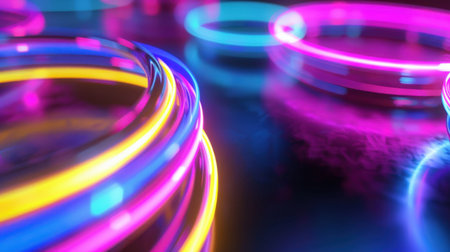 This vibrant image features glowing neon circles against a dark background, creating a dynamic visual effect perfect for design projects, artworks, or creative themes.の素材