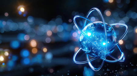 A captivating image featuring a digital Earth surrounded by glowing atoms and particles. This artwork symbolizes scientific advancement and innovation in a futuristic universe.の素材
