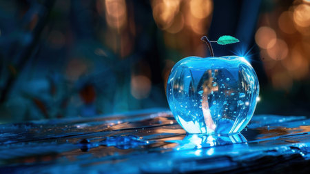 A mesmerizing crystal apple adorned with glistening water droplets shines brightly in a dreamy forest setting. The blue hues and sparkling light create an enchanting atmosphere, evoking feelings of tranquility and beauty in nature.の素材