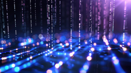 Captivating abstract digital landscape featuring glowing lines and shimmering dots, creating a futuristic atmosphere full of illumination and depth.の素材