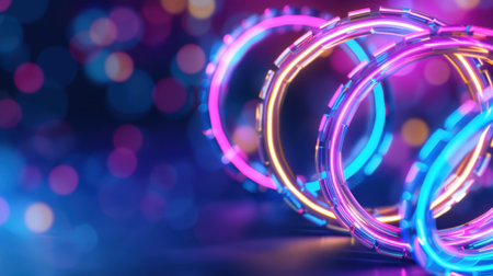 This stunning image features colorful neon rings with a soft focus bokeh background, perfect for enhancing creative projects or digital designs.の素材