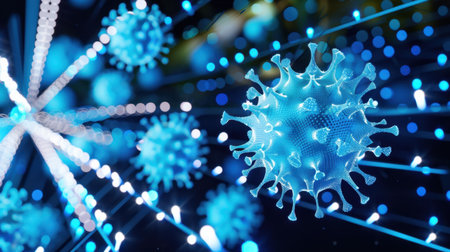 This stunning visualization showcases an intricate virus structure against a vibrant abstract background, perfect for scientific and medical projects.の素材