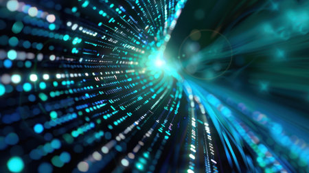 This abstract image features luminous particles and radiant light trails creating a dynamic visual experience. It symbolizes technology, energy, and depth in digital design.の素材