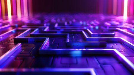 This mesmerizing image features a vibrant neon labyrinth with geometric shapes illuminated by colorful lights, creating a captivating futuristic ambiance.の素材