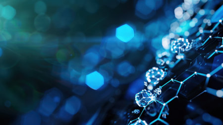 A stunning abstract image showcasing a hexagonal structure illuminated by glowing particles and a blue light background, ideal for technology and science themes.の素材