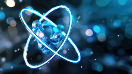 This image showcases an abstract representation of a glowing atom, featuring blue illumination and bokeh effects, ideal for scientific themes and educational content.の素材