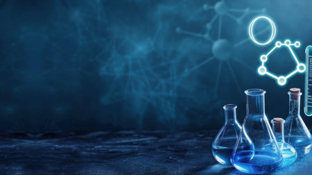 A captivating laboratory scene showcases various glass beakers filled with vibrant blue liquid, complemented by scientific illustrations illustrating molecular structures against a dark background.の素材