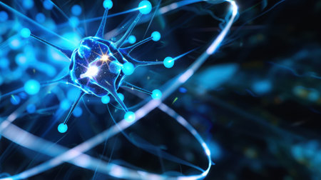 This captivating image features a stunning blue atom model with active electrons and vibrant energy waves, illustrating the dynamic beauty of quantum science.の素材