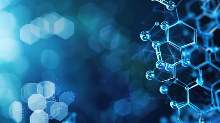 A captivating depiction of molecular structures with a blurred blue background, ideal for themes of science and technology, innovation, and research.の素材