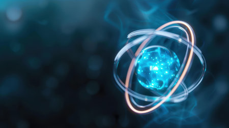 This image showcases a vibrant atomic model, featuring a glowing atomic structure with dynamic elements. Perfect for concepts in science and technology.の素材