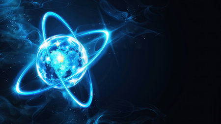 Stunning blue atom surrounded by glowing electrons set against a dark background, ideal for themes in science, technology, and educational materials.の素材