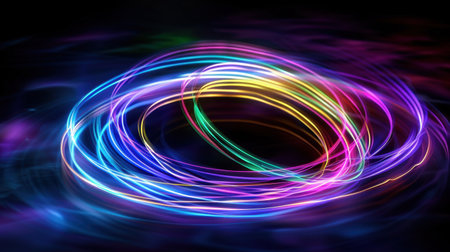 This abstract image features colorful swirling light trails that create a dynamic motion effect, perfect for art and design projects.の素材