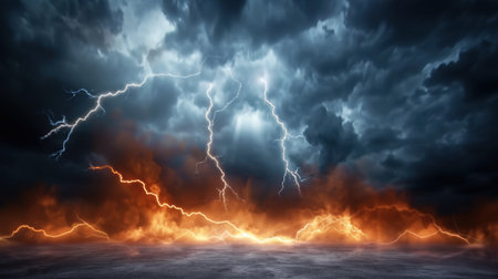 This dramatic image captures a thunderstorm over the ocean, showcasing striking lightning bolts amidst dark clouds, creating a powerful natural display.の素材