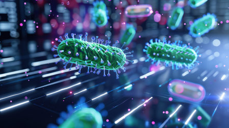 Explore a vibrant and detailed 3D representation of bacteria amidst a dazzling digital environment. This captivating visual merges science with technology.の素材