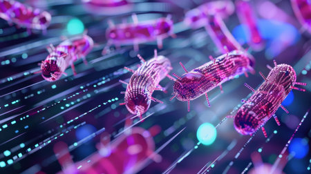 This digital artwork showcases a vibrant representation of bacteria in an abstract setting, featuring colorful elements and light effects, ideal for scientific themes.の素材