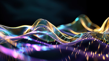 Vibrant abstract wave patterns create a mesmerizing visual effect with fluid motion and colorful light compositions against a dark backdrop.の素材