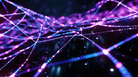 This captivating abstract image showcases a digital network background filled with vibrant blue and purple lighting patterns, symbolizing data flow and connection.の素材