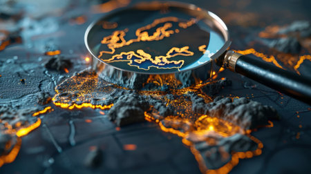 A detailed close-up of a magnifying glass over a textured map of Europe, showcasing highlighted regions and intricate landscape elements. Perfect for exploration themes.の素材