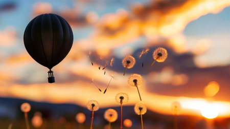 A stunning hot air balloon soars above a field of dandelions, with a vibrant sunset backdrop filled with colorful clouds, capturing a serene moment of exploration.の素材