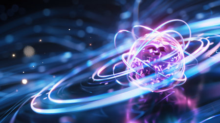 This captivating image showcases a futuristic atomic structure surrounded by glowing energy waves, reflecting the beauty of science and technology in a digital universe.の素材