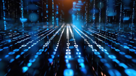 A captivating abstract representation of digital data flow, featuring luminous blue binary code in a futuristic environment, perfect for technology concepts.の素材