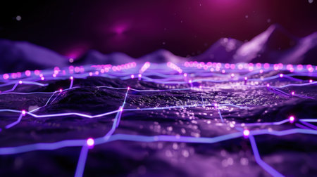 Explore an abstract digital landscape featuring bright neon lines and geometric patterns in a surreal, futuristic setting filled with vivid colors.の素材