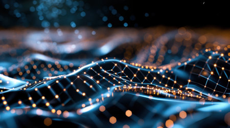 This captivating abstract image showcases a dynamic digital landscape, featuring glowing particles and intricate wave patterns in a futuristic style.の素材