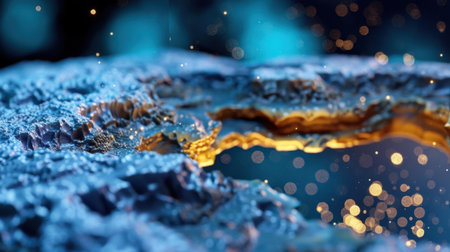 This captivating abstract close-up image showcases a textured surface illuminated by glowing elements and sparkling particles against a moody blue background.の素材