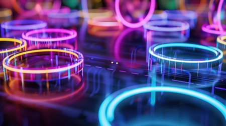 A captivating composition of colorful neon circles and lights, creating a vivid abstract background perfect for modern design projects, artwork, and creative concepts.の素材