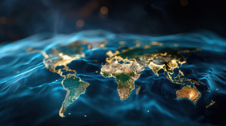 This captivating image features a detailed representation of Earth, showcasing continents outlined by bright contours against a dynamic electric blue background.の素材